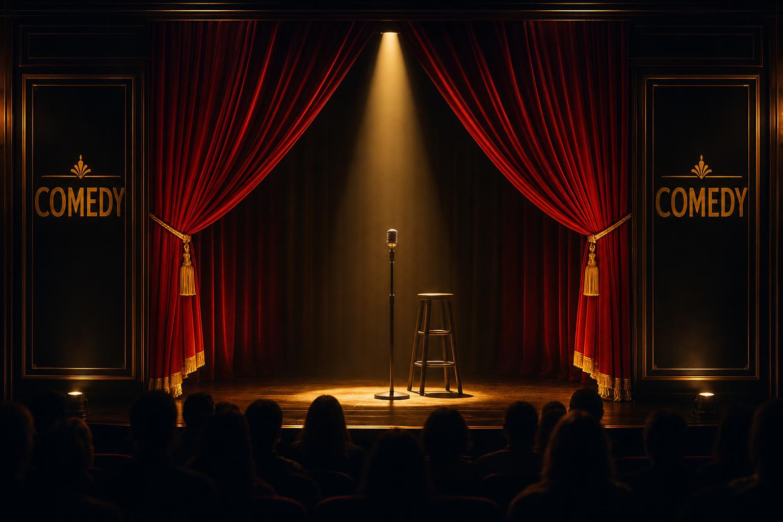 Palco de teatro com cortinas vermelhas e microfone dourado sob spotlight